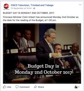 screenshot of colm imbert announcing the budget speech from the CNC3 facebook page.