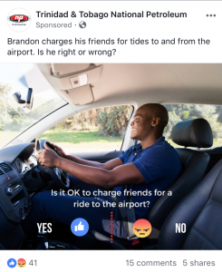 screenshot of a Facebook post asking people to choose yes or no to someone charging for using his car.