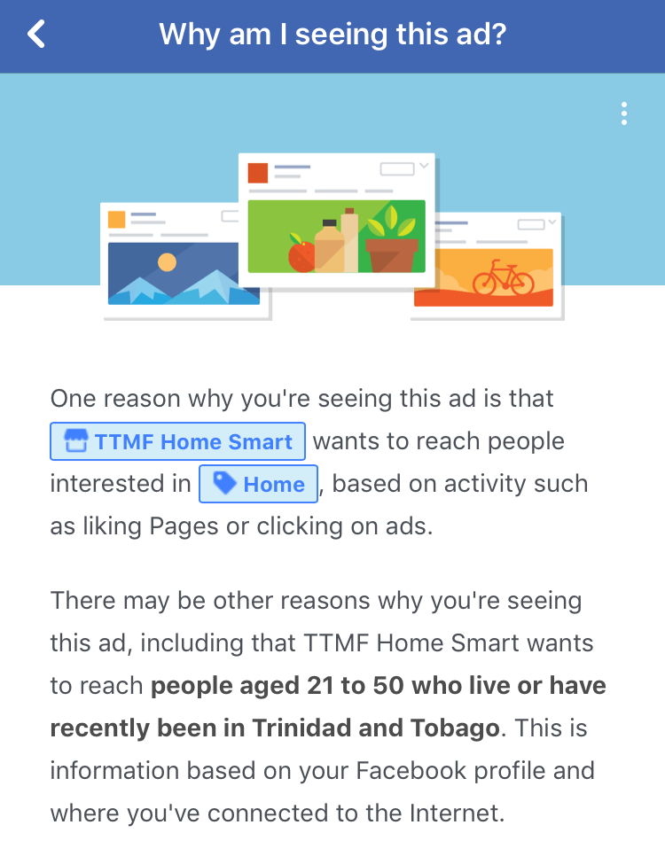 Facebook why am I seeing this ad explanation for TTMF Home Smart.