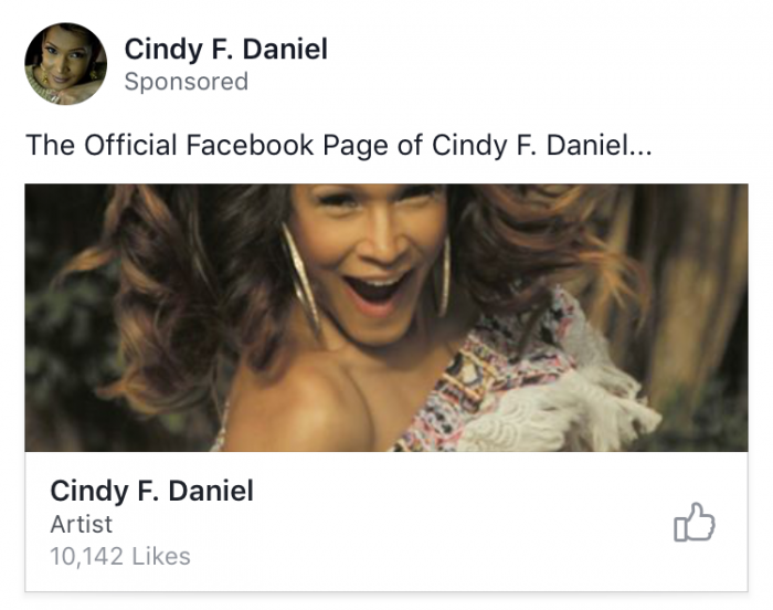 Facebook Interest Targeting. Like ad on Facebook for Cindy Daniel singer. Used as an example of a Like ad.