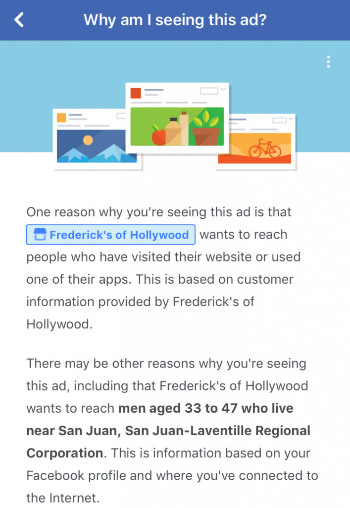 Facebook why am I seeing this ad explanation for Fredericks of Hollywood. Connection to website.
