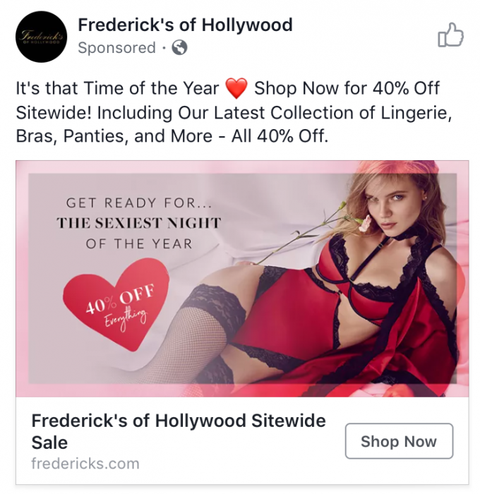 Screenshot of a Facebook Interest Targeting for Fredericks of Hollywood Sale. Lingerie