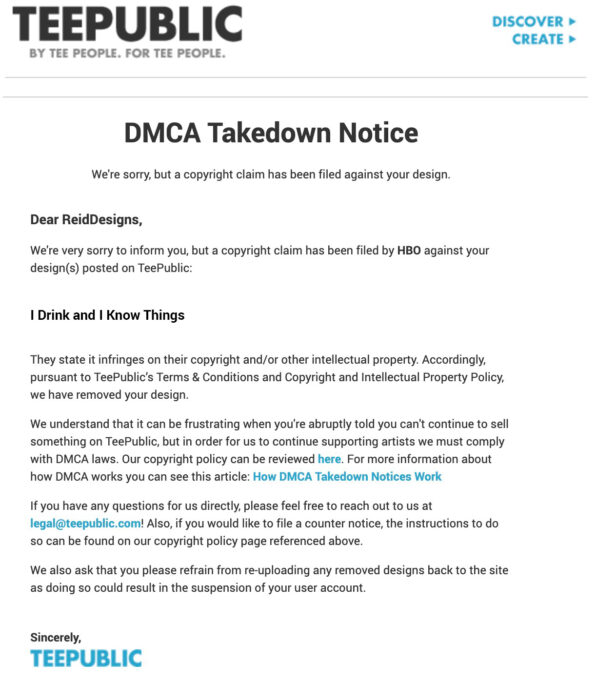 DMCA Email Letter fro Teepublic.com