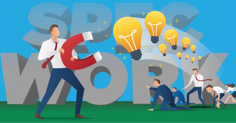 a man taking ideas away from othe rpeople with a magnet illustration. To illustrate No Spec work