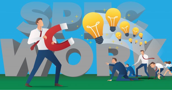 a man taking ideas away from othe rpeople with a magnet illustration. To illustrate No Spec work