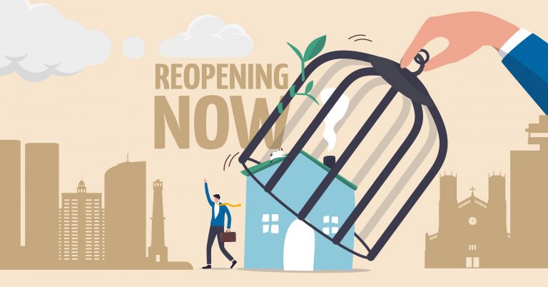 reopening now. An illustration of a house coming out from under a bidcage to symbolise removal of covid 19 lockdown