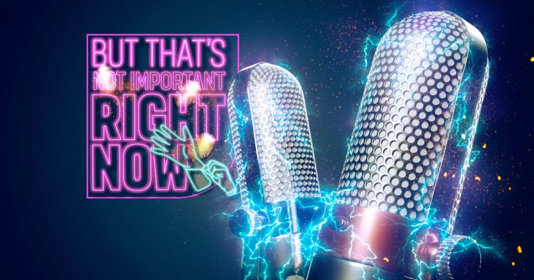 Podcast production can be electrifiying. It will help with your marketing. Its a photo of lighting coming out of two Mics for But That's Not Important Right Now.